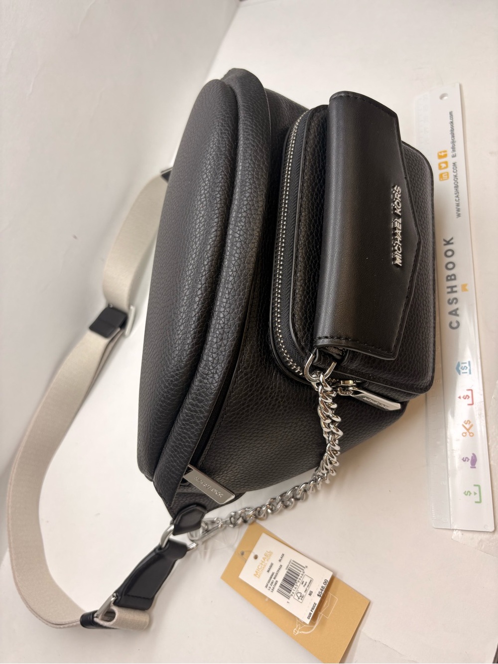 Michael Kors Black Pebbled Leather Belt Bag with Chain Accent